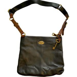 Fossil w Key Explorer Leather Crossbody Purse Bag dark brown Triple Zip